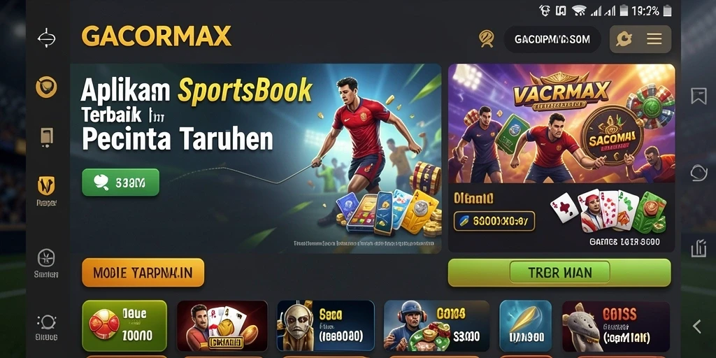 Screenshot utama GACORMAX menampilkan tampilan antarmuka aplikasi Sportsbook.