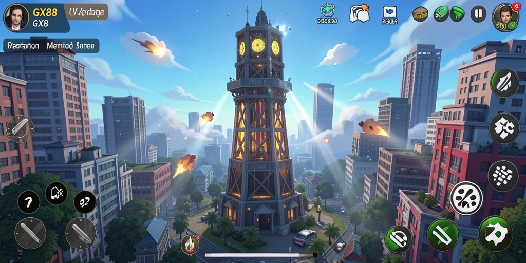 Screenshot gameplay yang menunjukkan aksi menara bertahan di GX88.