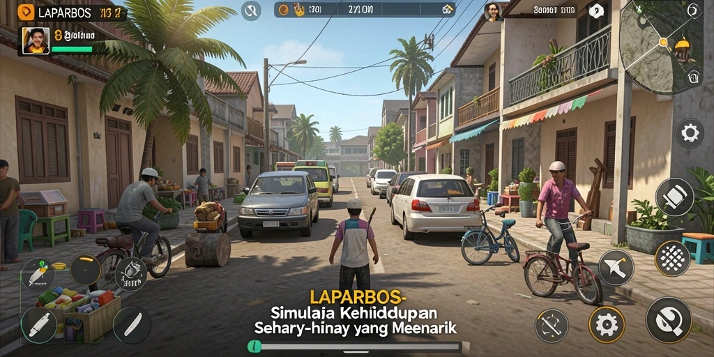 Screenshot gameplay LAPARBOS yang menunjukkan aktivitas sehari-hari yang menarik.